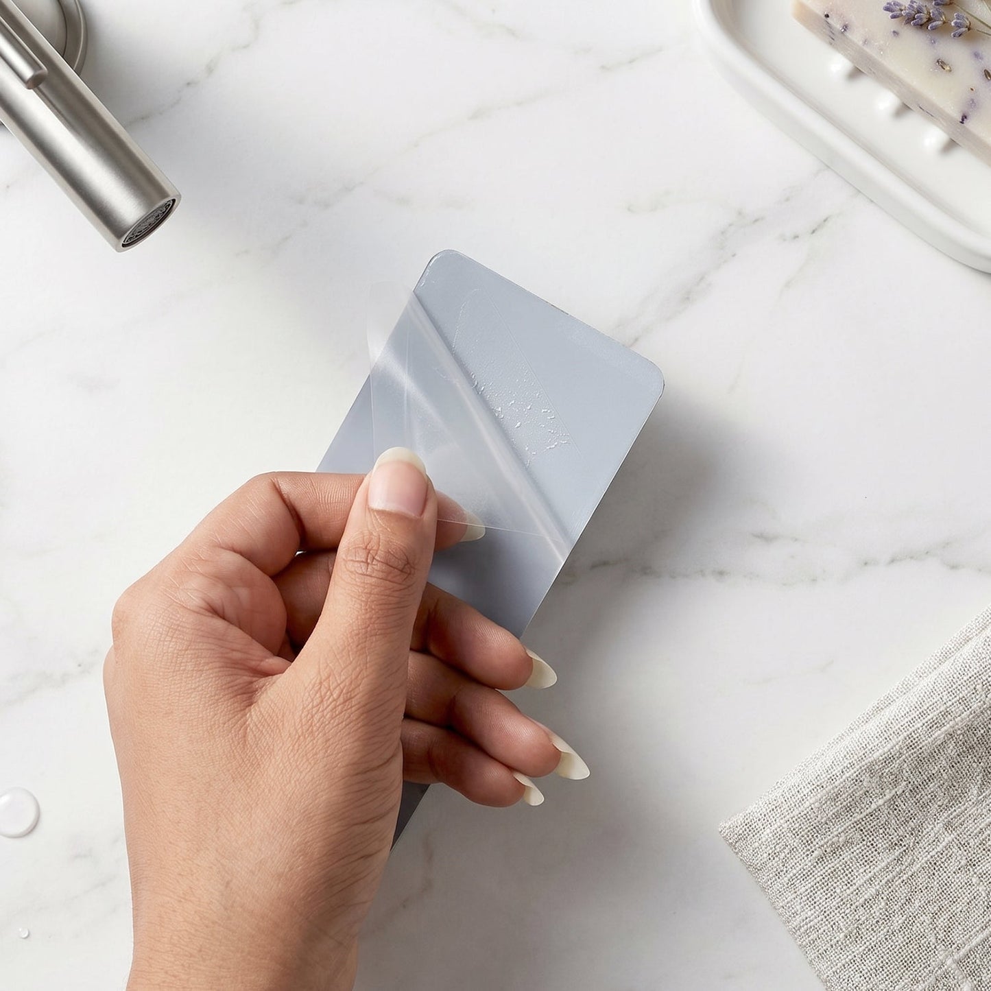 A hand peels a clear protective film from the back of a gray adhesive wall hook base on a marble surface.