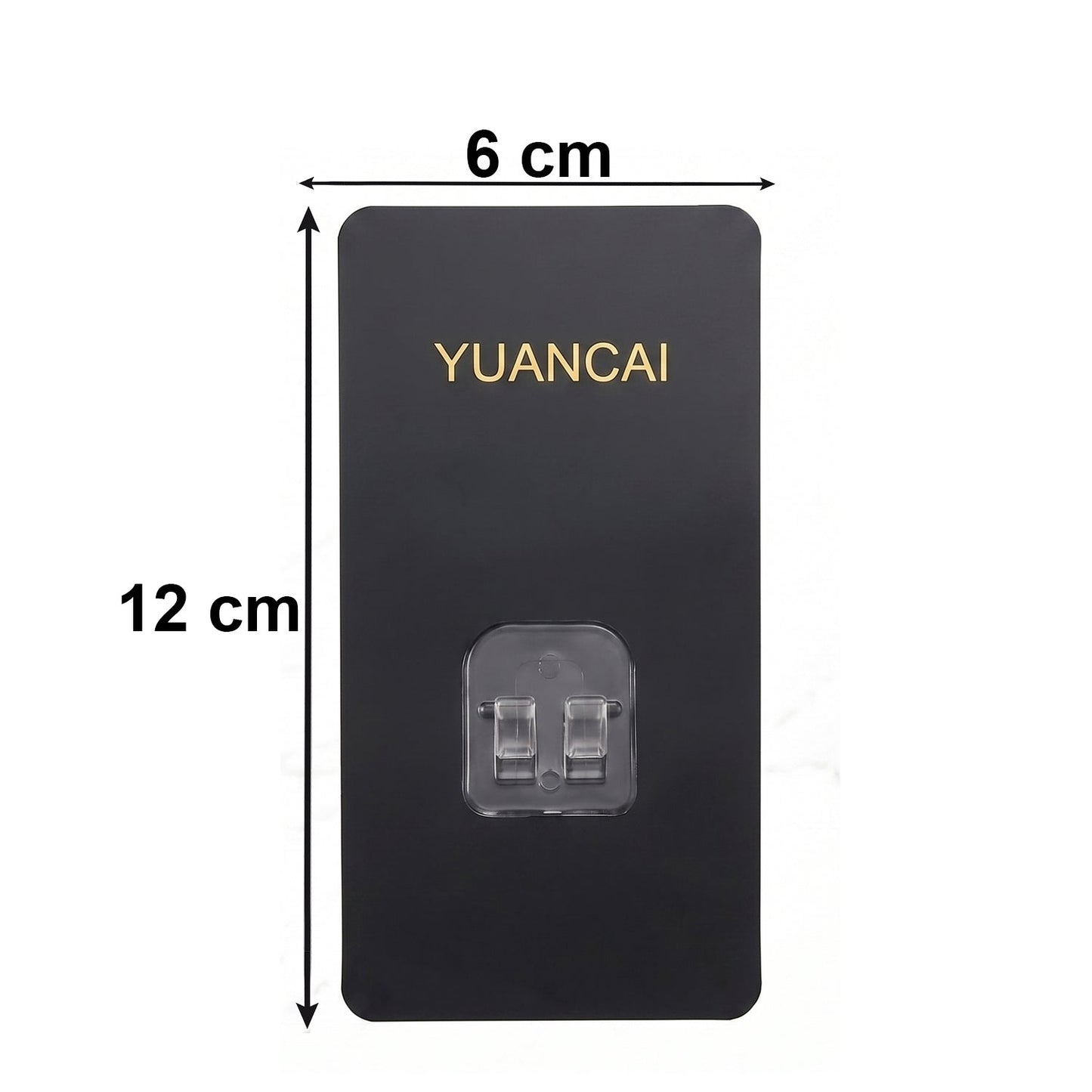 A black rectangular adhesive wall hook with gold text and a clear plastic hook, showing dimensions of 12 cm by 6 cm.