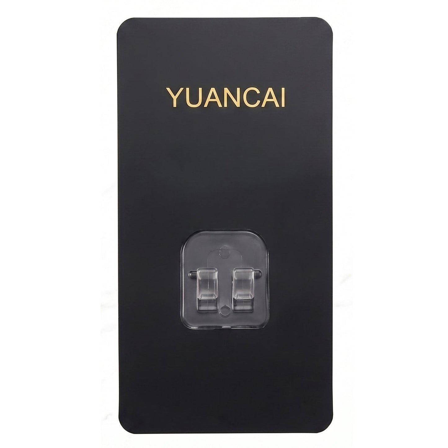 A black rectangular adhesive wall hook with gold text and a clear plastic hook against a plain white background.