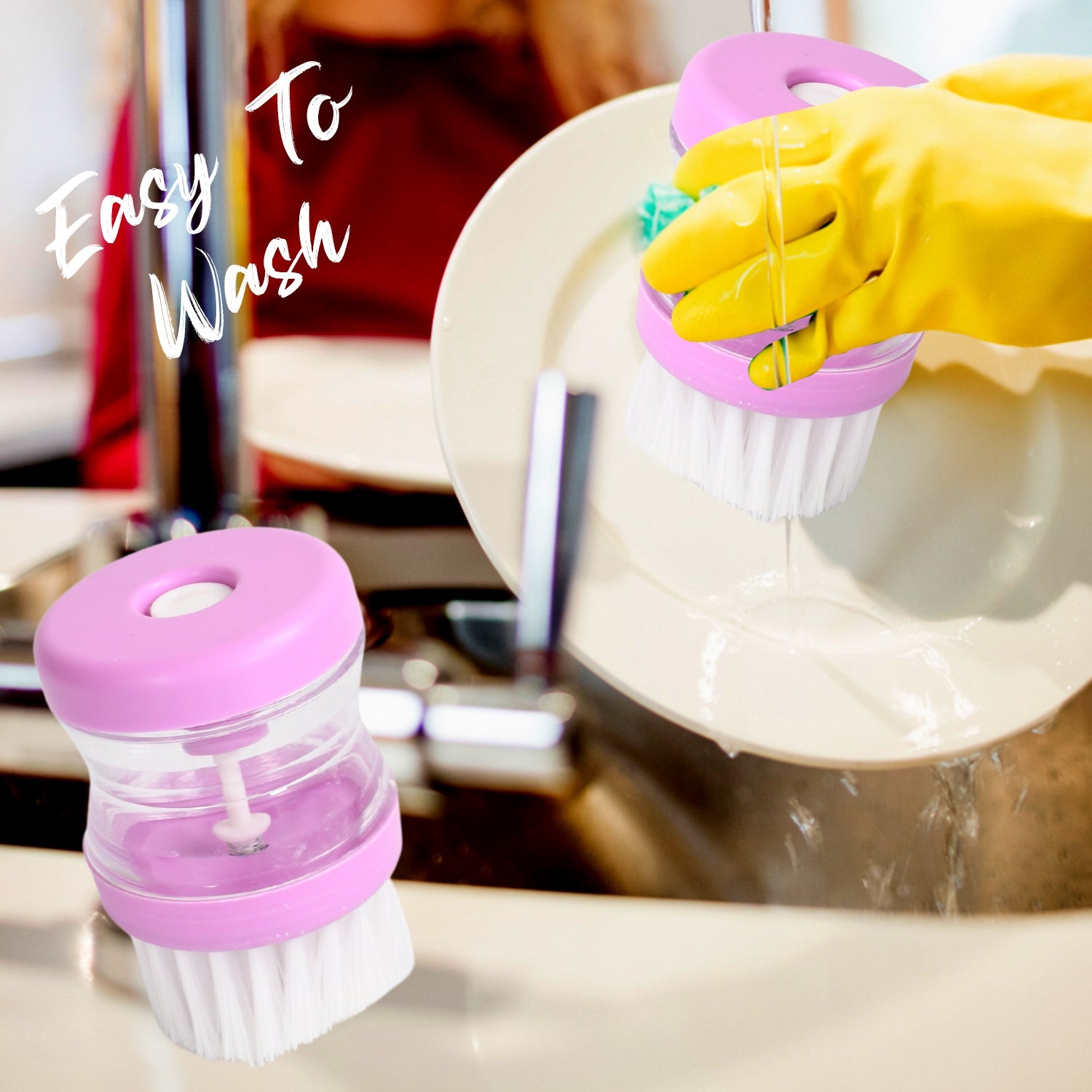 Side view of the multicolor wash basin brush showing the soap dispenser button.