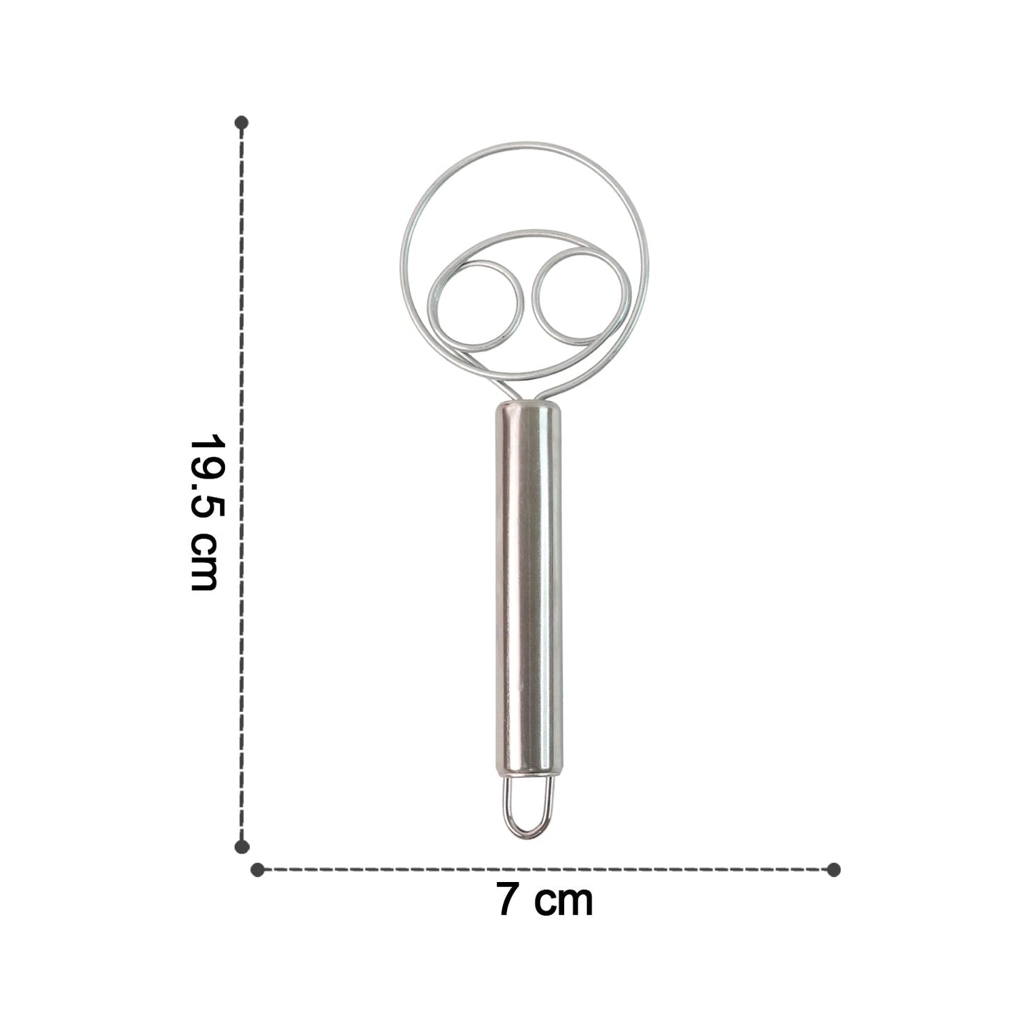 Stainless steel whisk set showing dimensions for length and breadth
