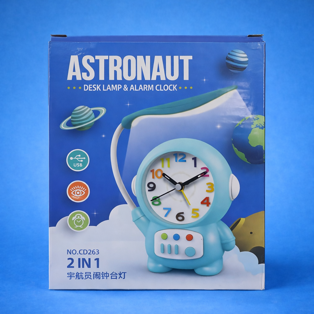 Astronaut Desk Lamp with Alarm Clock, USB Powered Study Light for Kids (BLUE)
