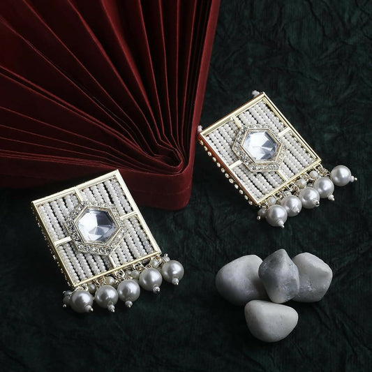 Traditional Silver-Toned Kundan & Pearl Encrusted Chandbali Jhumka Earrings
