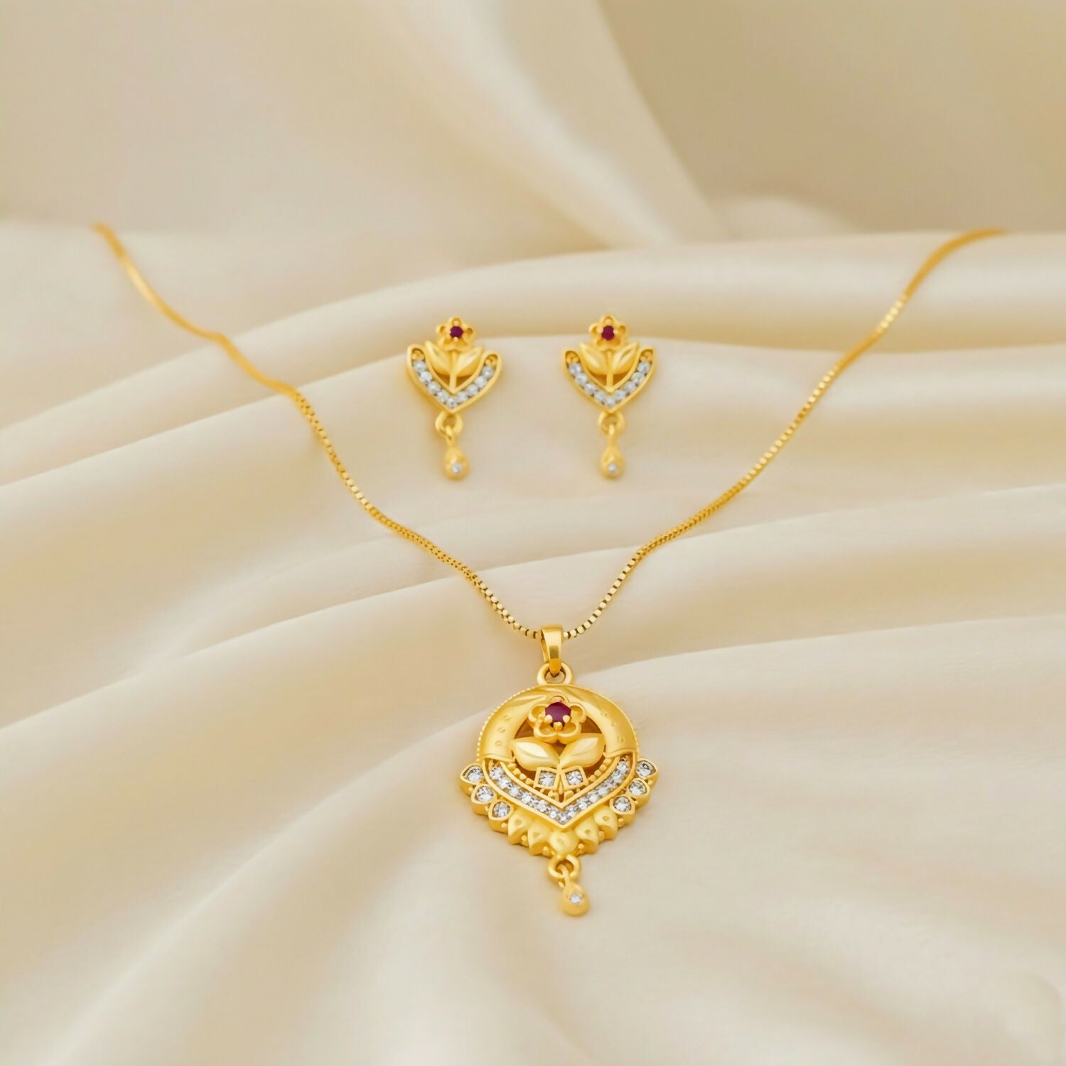 Elegant Gold-Plated Floral Bloom Jewelry Set: Pendant, Chain, and Earrings, popular pendant set