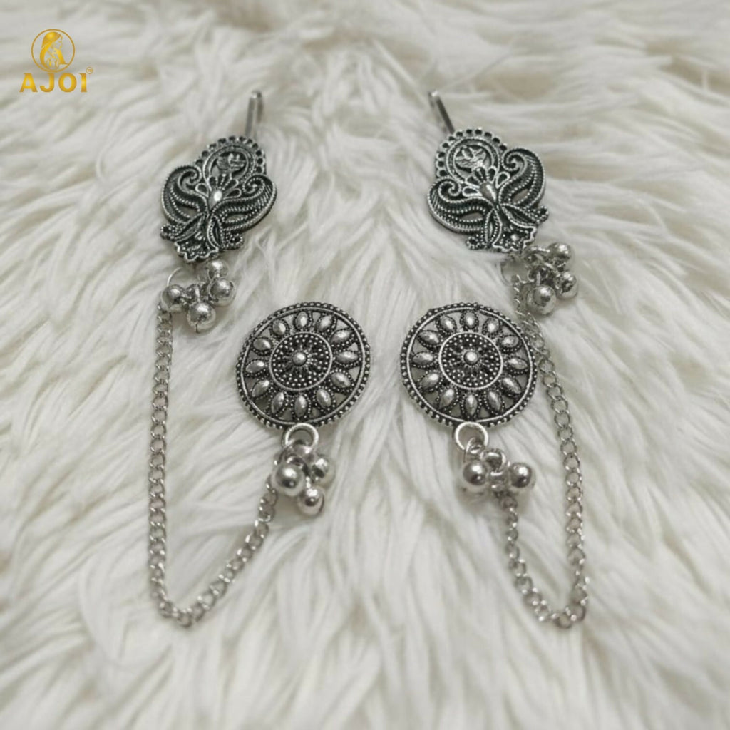 Oxidized Silver Ethnic Chain Drop Earrings for Women | Antique Tribal Boho Long Earrings