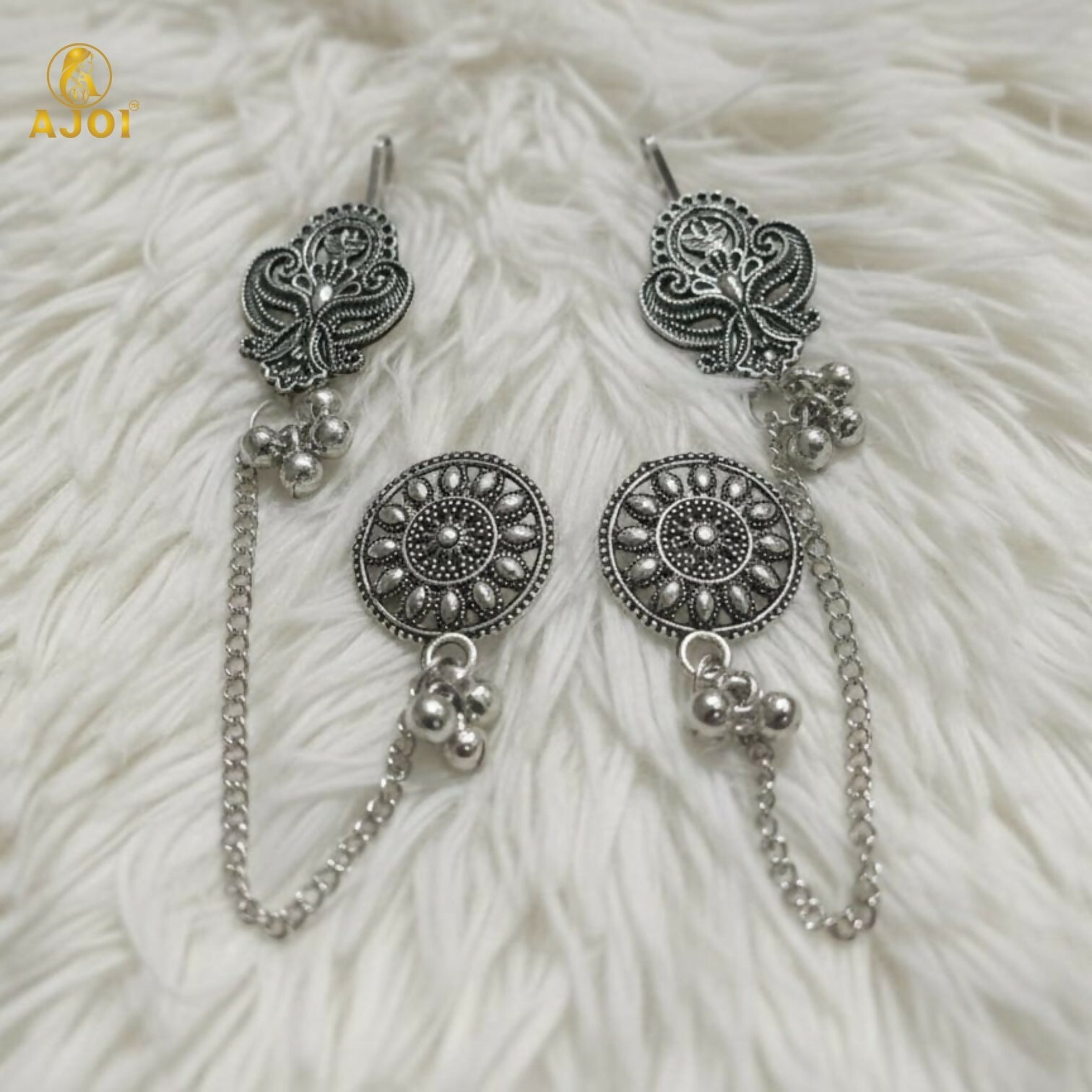Oxidized Silver Ethnic Chain Drop Earrings for Women | Antique Tribal Boho Long Earrings