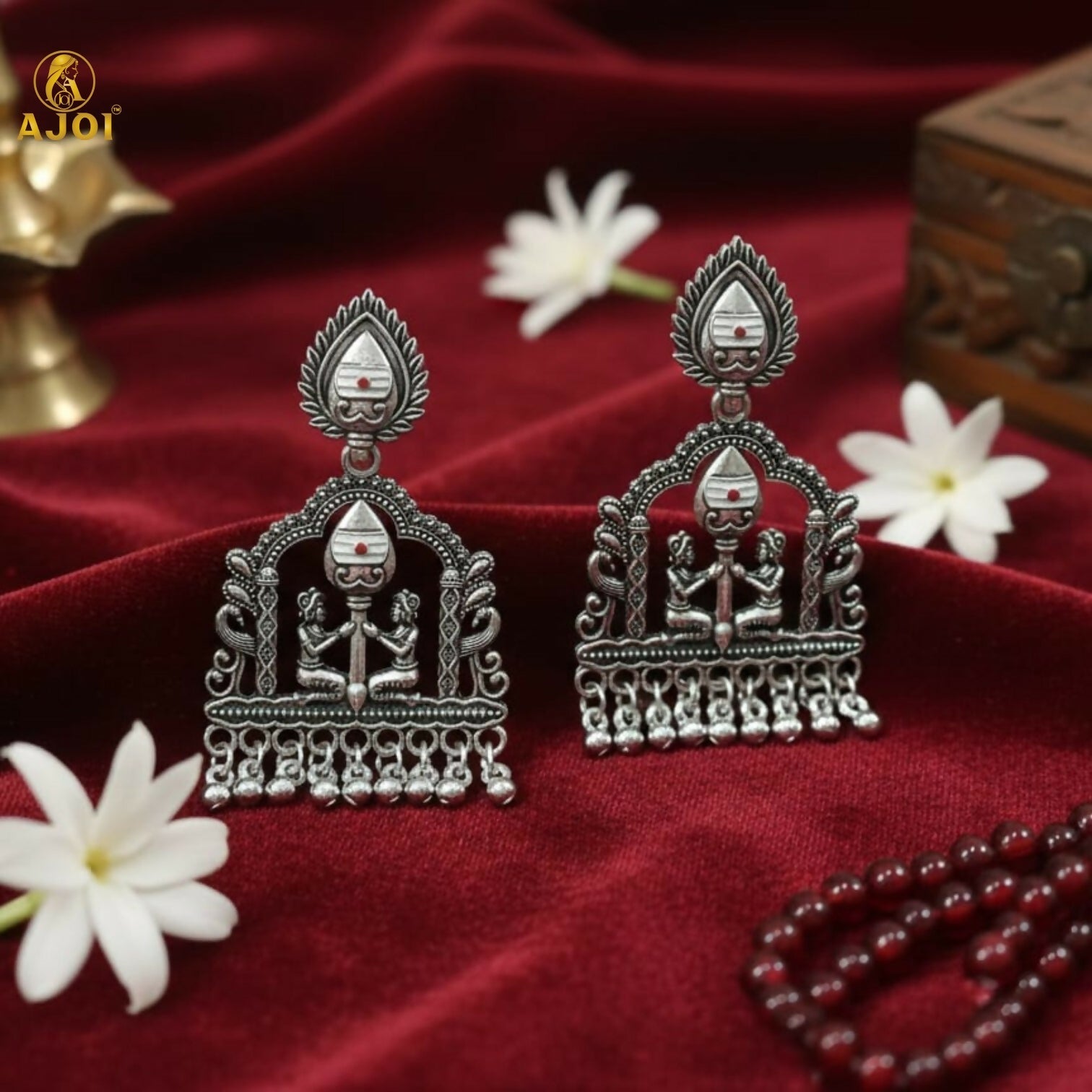 Shivarpan White Pearl Oxidized Silver Temple Earrings
