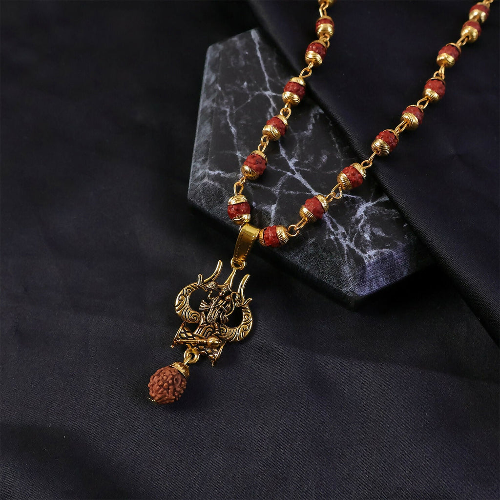 Rudraksha Hanuman Trishul Pendant Gold Beaded Necklace