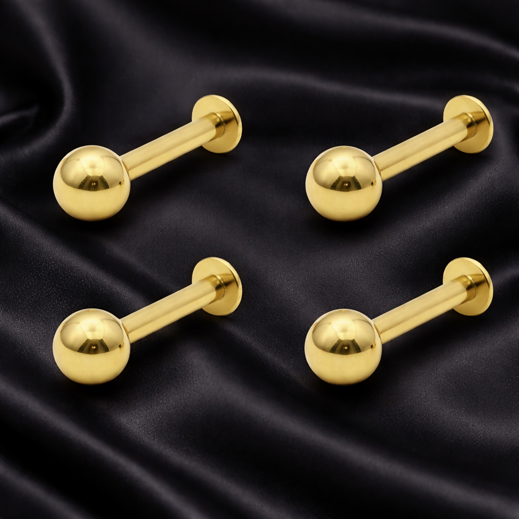 Gold Flat Back Labret Stud Earrings Tiny Ball Piercing for women and girls Combo Pack of 4