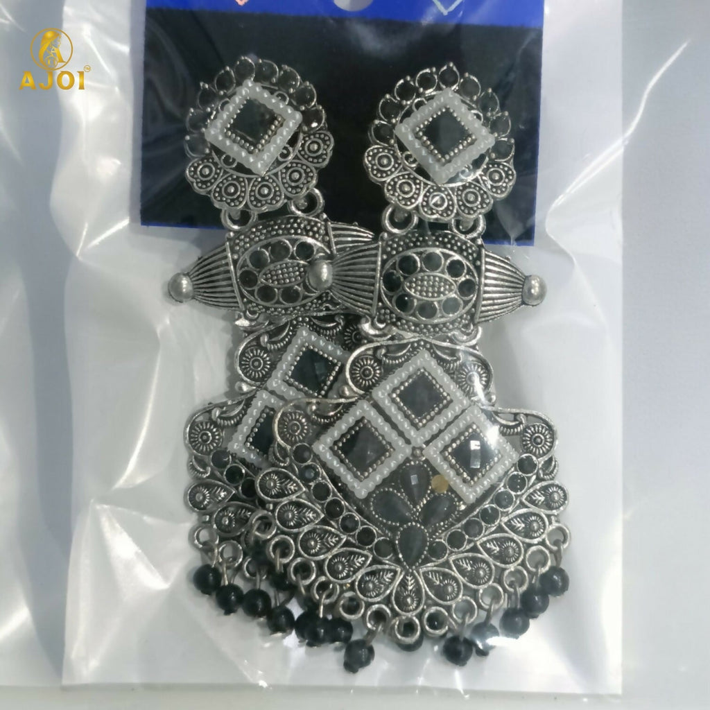 Oxidized Silver Black Stone Designer Chandbali Earrings for Women