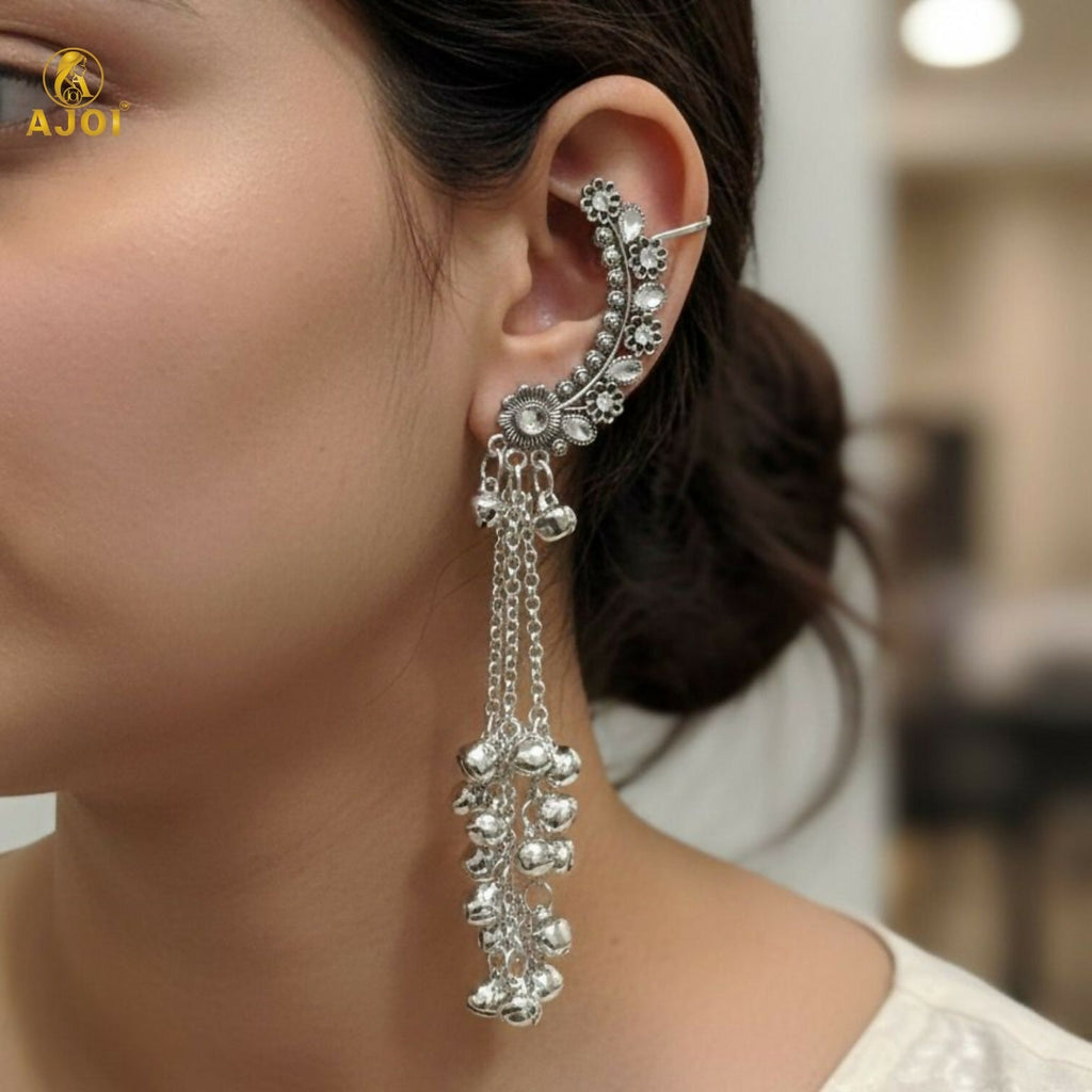 Kasmiri Silver Oxidised Chandbali Jhumka Earrings with Ghungroo Dangles for Women