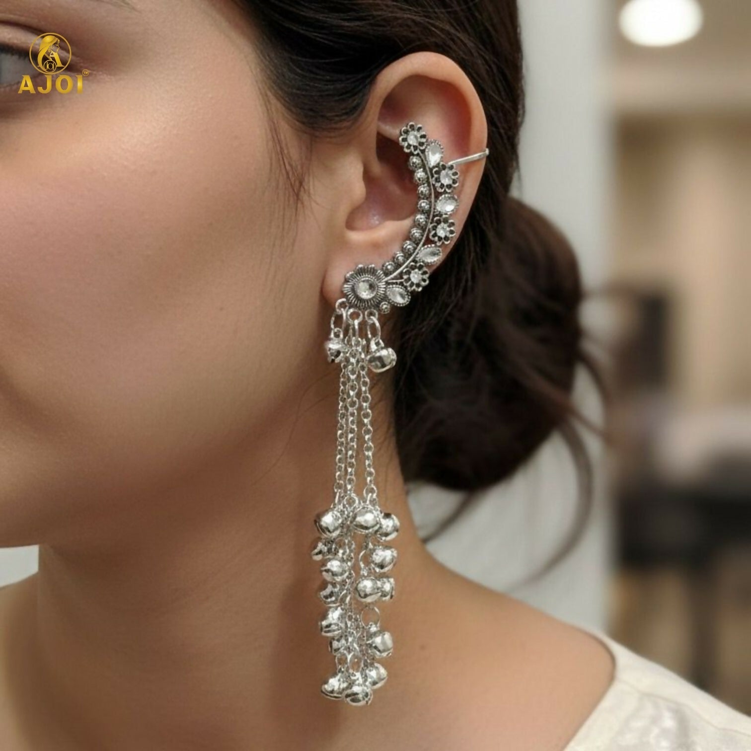 Kasmiri Silver Oxidised Chandbali Jhumka Earrings with Ghungroo Dangles for Women