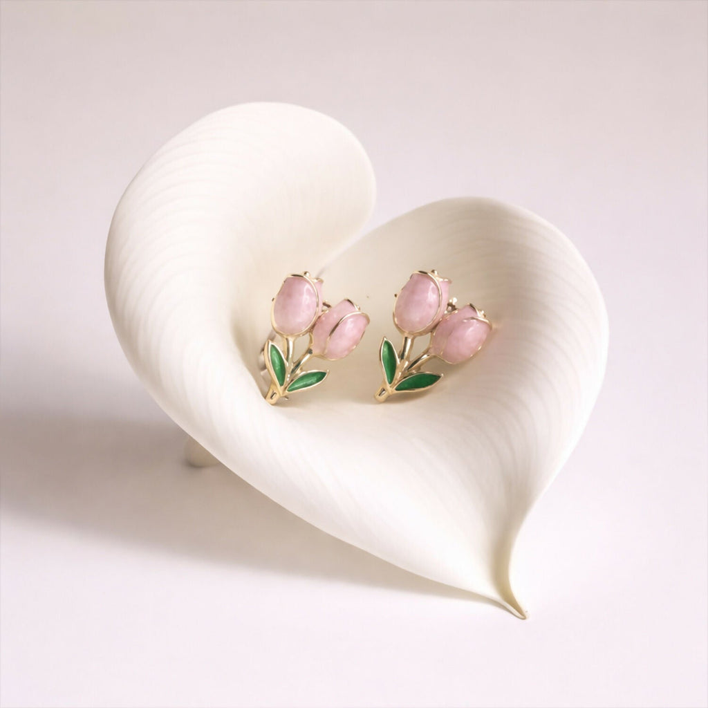 Korean Style Pink Tulip Flower Stud Earrings for Women & Girls