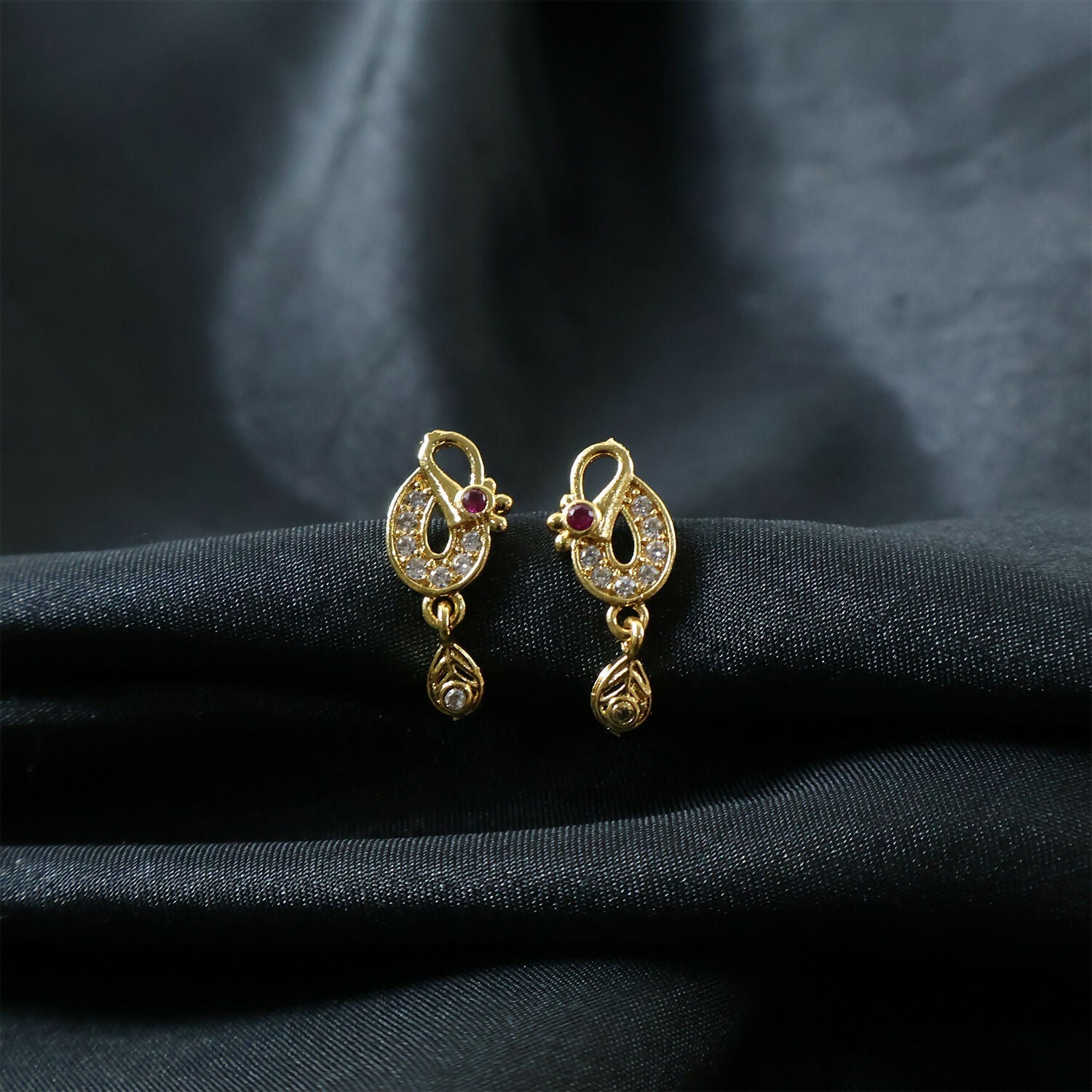 Classic Gold Finish Earrings with Crystal Detailing & Red Stone