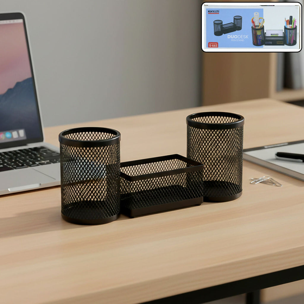 Dual Desk Mesh Pen Stand with Two Pencil Holders and Central Storage Tray for Office