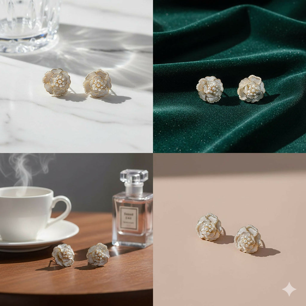 Elegant White Floral Studs with Micro-Pearl Accents – Chic Korean Style Jewelry