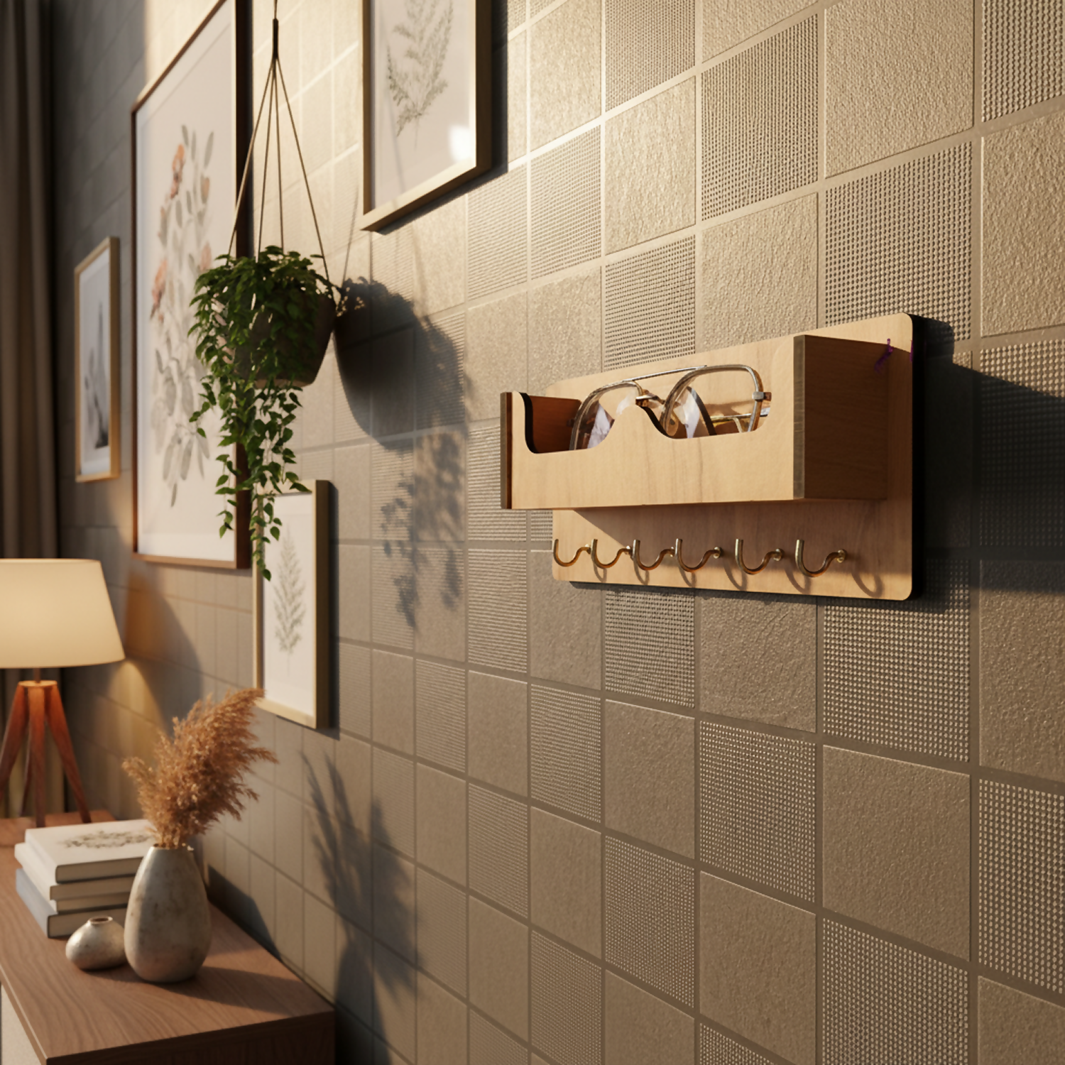 Wooden Wall Mounted Key Holder with Shelf for Mobile, Glasses and Daily Items